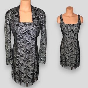 Vintage 80s Bari Jay Shimmery Silver and Black Burnout Velvet Dress and Jacket